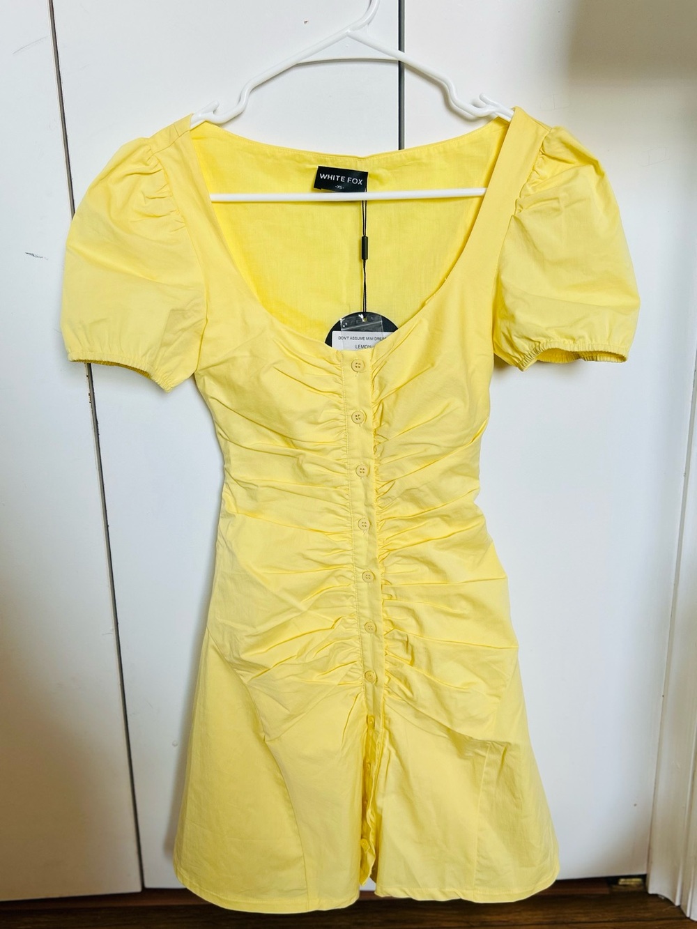 White Fox Boutique Yellow Ruched Puff Sleeve Mini Dress